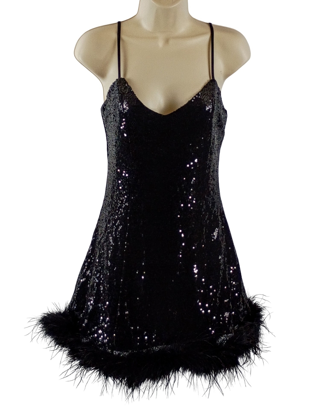 Fashion Nova Black Sequin Feather Trim Mini Dress